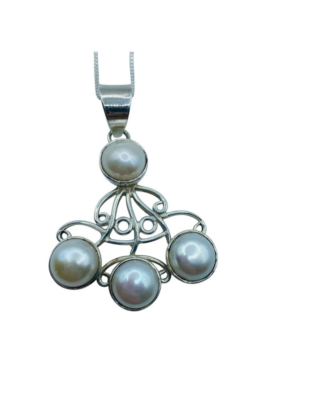 Sterling Silver Pearl Pendant Necklace Signed SJ Swirl Open Work 18in Chain